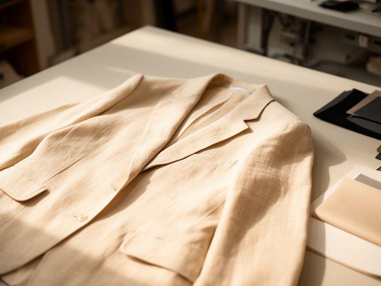 Blazer estivo in lino color sabbia su tavolo da lavoro con campioni tessili e luce naturale calda