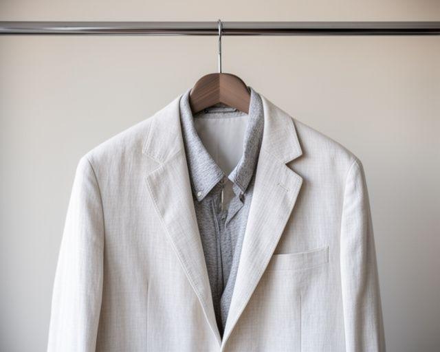 Blazer casual in tessuto chiaro su bastone appendiabiti, con camicia aperta e texture morbida visibile